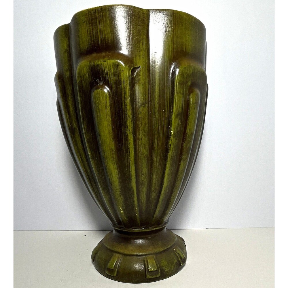 Vintage Haeger USA Art Pottery Vase #2464 Olive Green Ribbed Pedestal 9” MCM